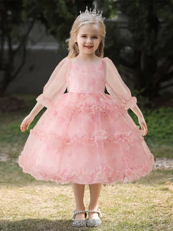 Comfortable Women's Clothes Big Savings on Rustic Countryside Styles Ball Gown Square Neck Puff Sleeves Tiered Flower Girl Dresses