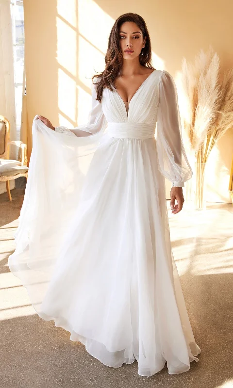 Women's Casual Attire Elegant Contour Long White Chiffon Formal Dress with Long Sleeves