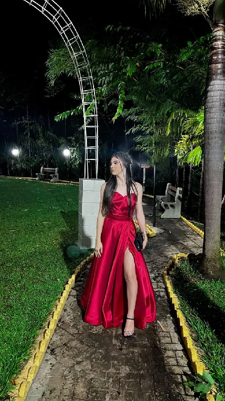 Women's Floral Print Outfit Elevated Style Modest A Line Sweetheart Red Satin Long Slit Prom Dresses Evening Dress C3053