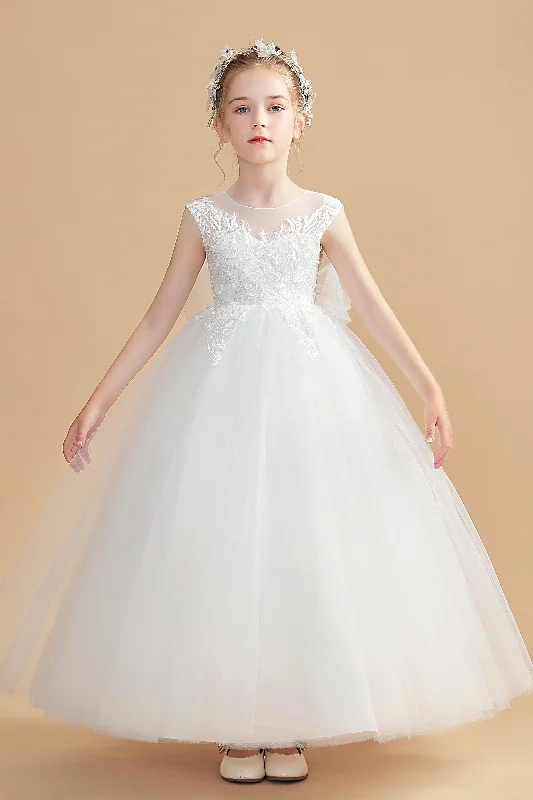 Women's Evening Attire Casual Weekend Relaxed Style Sleeveless Ivory Long Tulle Flower Girl Dress With Bowknot