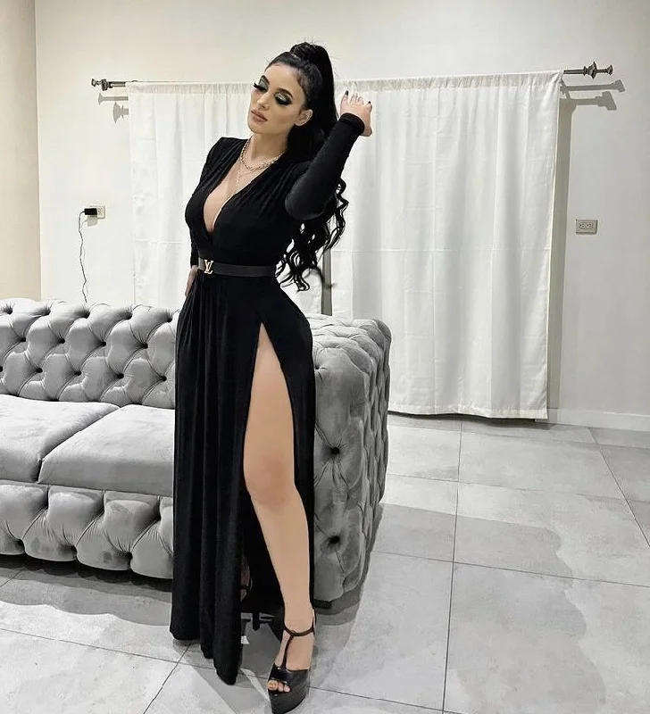 Women's Apparel And Garments Minimalist Chic Charming Deep V Neck Black Long Sleeves Prom Dress Y5653