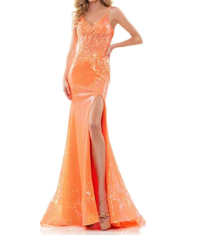 Women's Loungewear Clothes Early Access to Art Deco Styles Sale Sequin Lace High Slit Mermaid Gown In Orange