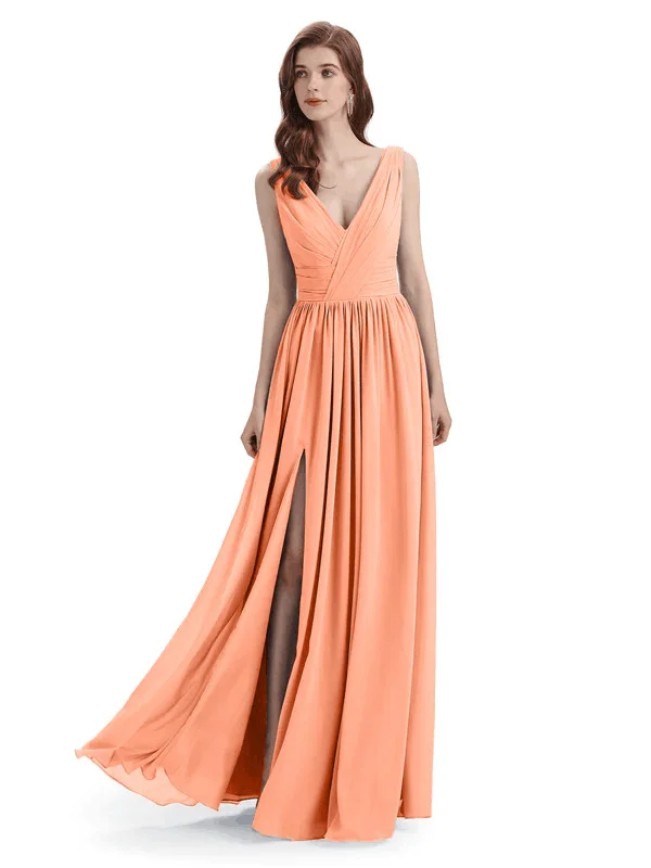 Women's Activewear Attire Buy More, Save More A-Line V-Neck Sleeveless Split Side Chiffon Long Bridesmaid Dresses In Stock