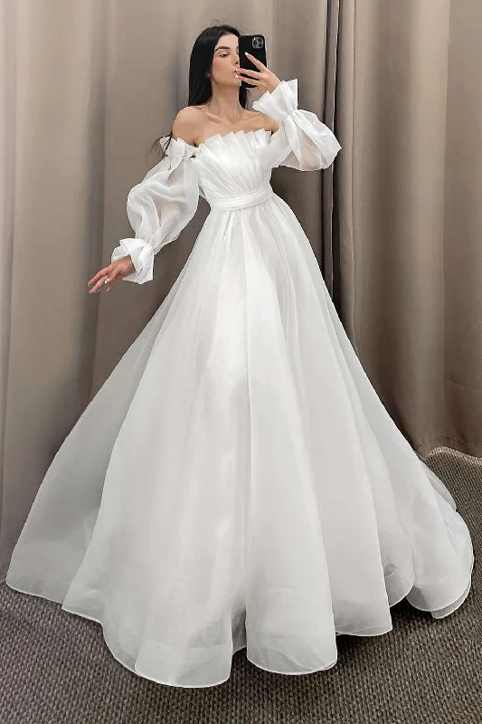 Women's Vintage Attire Mother's Day Special White Strapless Pleated A-Line Long Wedding Dress with Sleeves