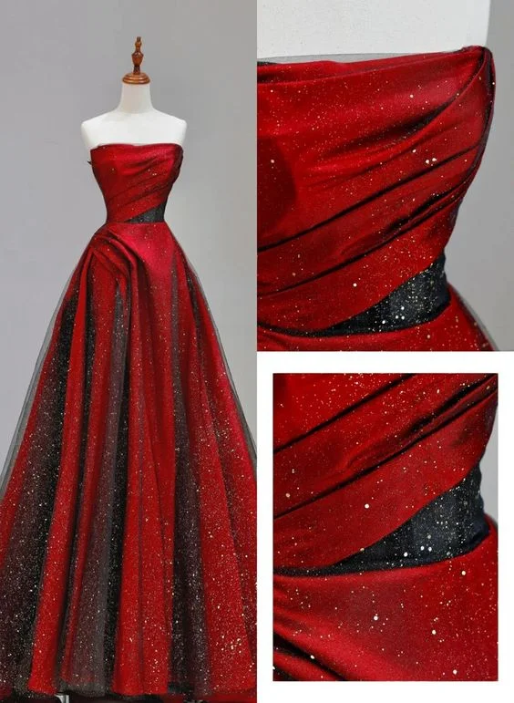 Women's Timeless Attire Holiday Sale Elegant A line Strapless Red Satin Prom Dresses With Black Tulle Long Evening Dress C2889