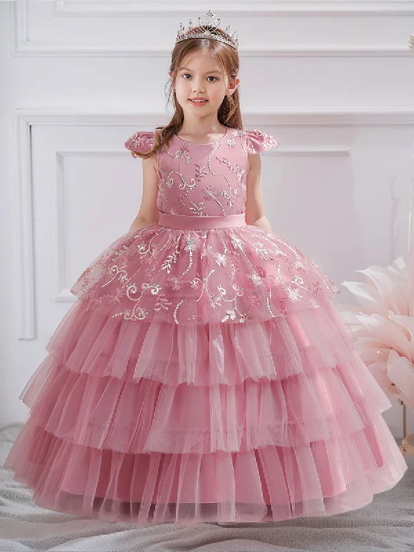 Women's Festive Attire Today Only Ball Gown Scoop Puff Sleeves Flower Girl Dresses with Tiered