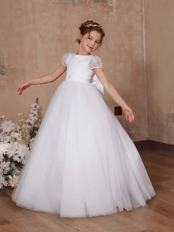 Fashion-Forward Women's Clothing Now on Sale for Chic Urban Styles Ball-Gown Tulle Short Sleeves Scoop Neck Floor-Length Flower Girl Dresses