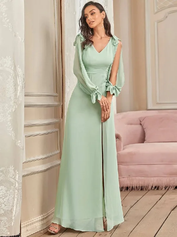 Women's Clothing And Garments Sets Luxe Layering BerriesJam - Long A-LINE V-Neck Full Sleeves Chiffon Bridesmaid Dress