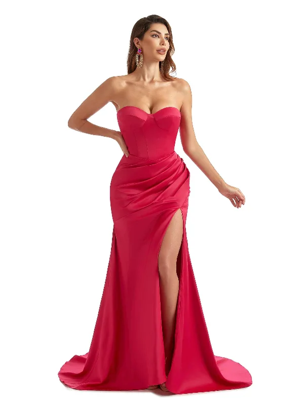 Women's Formal Event Clothing End - of - Month Blowout Sexy Side Split Sweetheart Mermaid Satin Trendy Long Bridesmaid Dresses Online