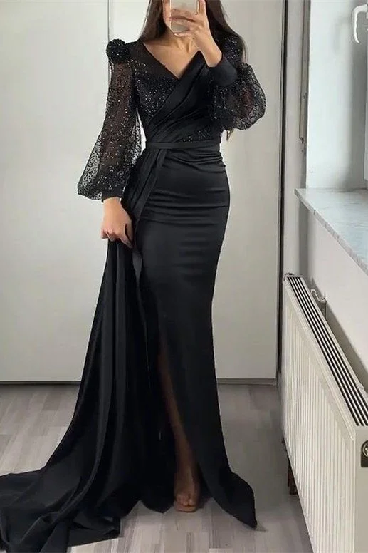 Stylish Women's Attire Graceful Movement Sequins V-Neck Long Sleeves Mermaid Split Evening Dress With Ruffle Y5554