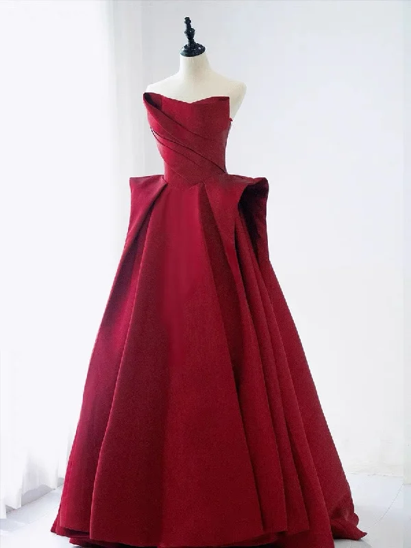 Women's Charming Outfit For Events Lightweight Fabric Elegant Ball Gown Strapless Burgundy Satin Long Prom Dress Evening Dresses C3241