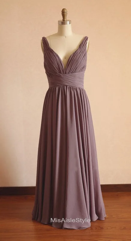 Women's Apparel Elegant Contour Long V-neckline Brown Bridesmaid Dress