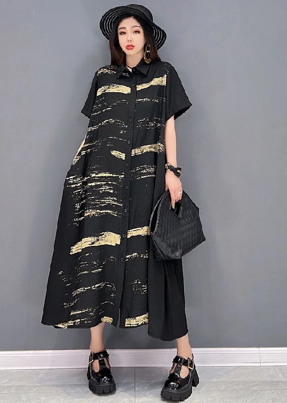 Women's High-Fashion Garments Dreamy Draping French Black Peter Pan Collar Print Cotton Shirt Dress Short Sleeve