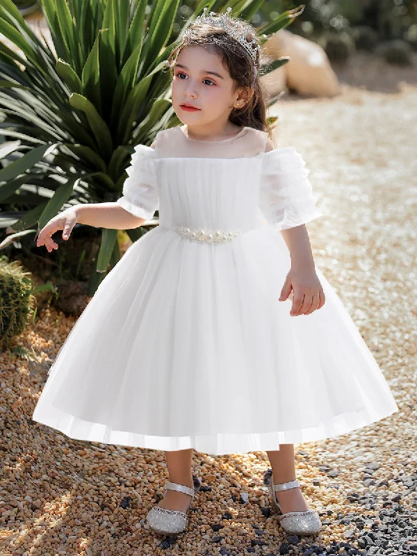 Women's Chic Outerwear Attire Limited - Stock Ball Gown Cold Shoulder Half Sleeves Flower Girl Dresses with Sash