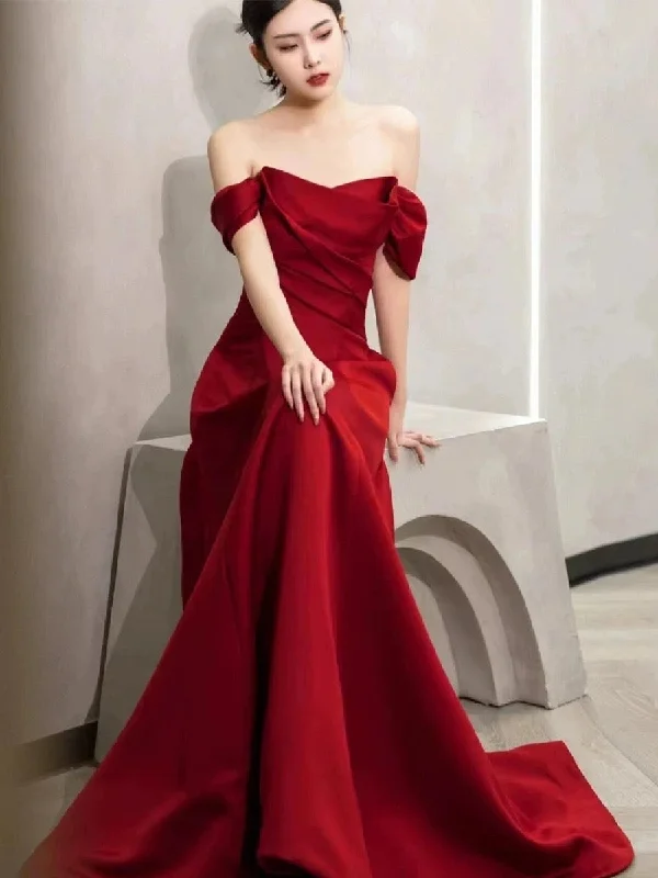 Women's Trendy Casual Outfit Classic Timeless Elegant Style Elegant A line Off The Shoulder Red Satin Party Dress Prom Dresses Evening Dress C3212