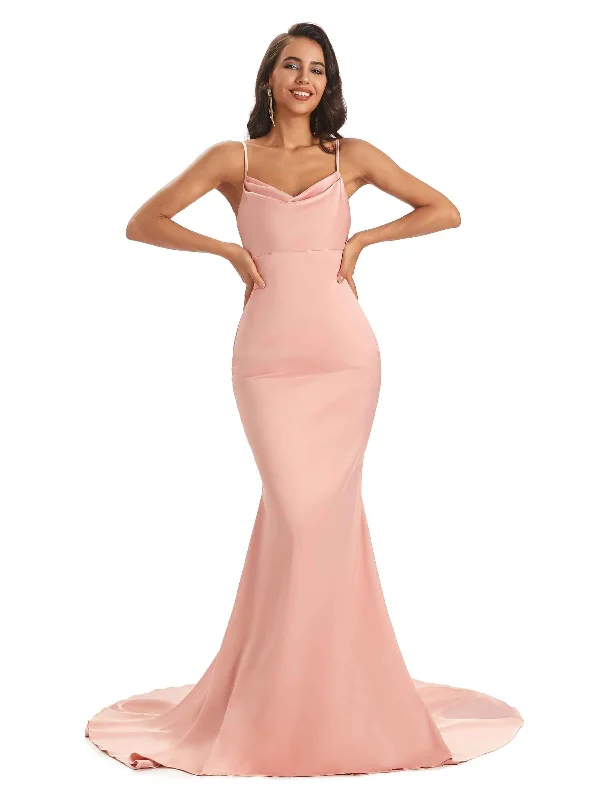 Casual Chic Women's Clothes Contemporary Elegance Sexy Backles Soft Satin Spaghetti Straps Maxi Mermaid Bridesmaid Dresses Online