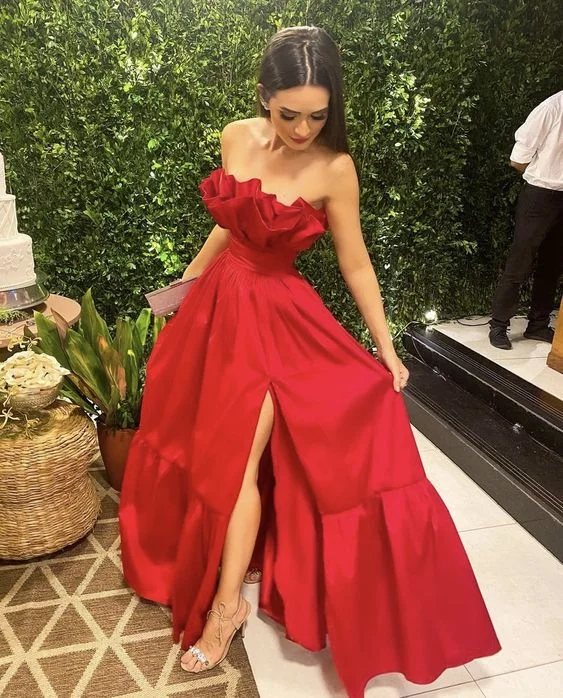 Affordable Women's Clothes Casual Elegance Classy A line Strapless Red Satin Slit Long Prom Dresses Evening Dress C2655