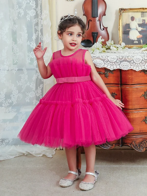 Women's Elegant Outfit Summer Splash Sale Ball Gown Scoop Sleeveless Tulle Flower Girl Dresses with Belt & Bow(s)