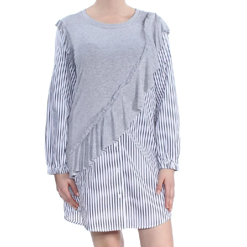 Women's Wedding Apparel Flash Deals Women's Striped Ruffled Shirt Dress,Grey/White