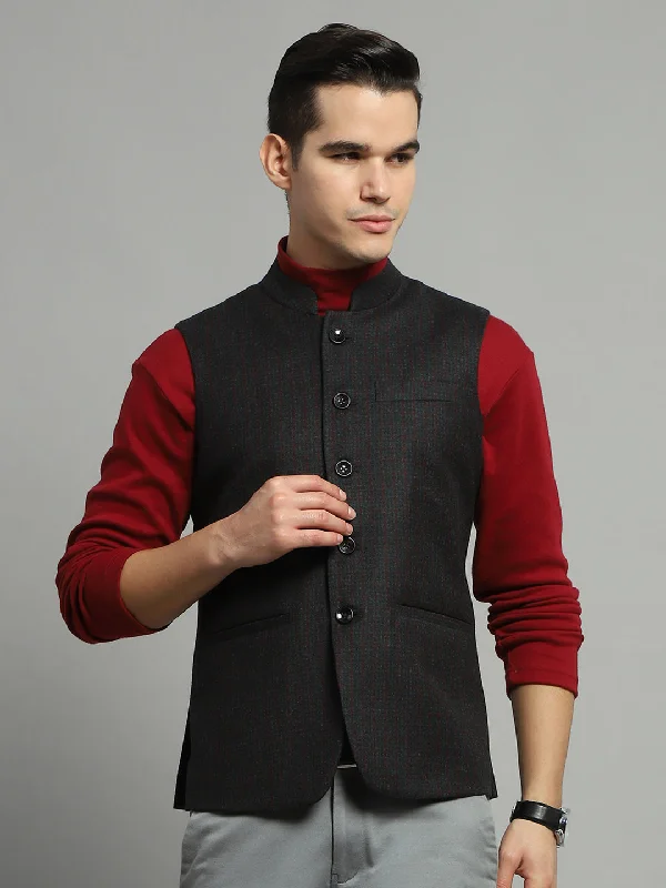 Women's Clothing For Casual Outings Weekend Special Men Charcoal Solid Band Collar Sleeveless Jacket