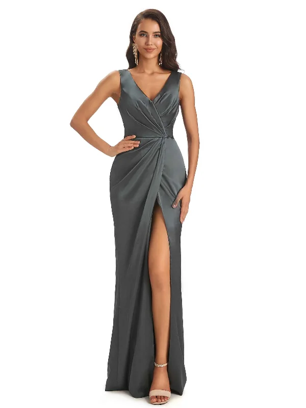 Women's Professional Attire Limited - Edition Drops Soft Satin Front Slit V-neck Unique Long Bridesmaid Dresses Online