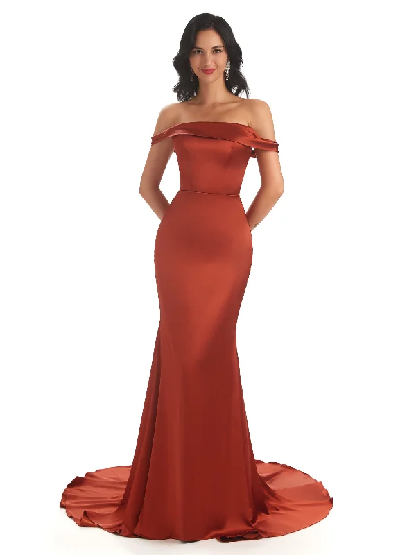 Women's Fashionable Attire For Work Mid - Week Surprise Elegant Soft Satin Off The Shoulder Floor Length Maxi Mermaid Bridesmaid Dresses Online