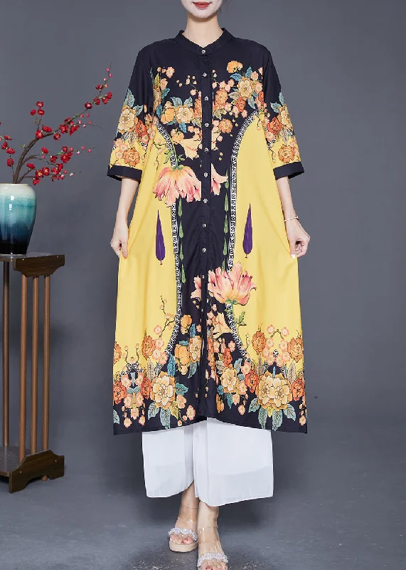 Chic Clothing For Women Y2K Nostalgic Fashion Look Stylish Yellow Print Stand Collar Silk Shirt Dresses Summer