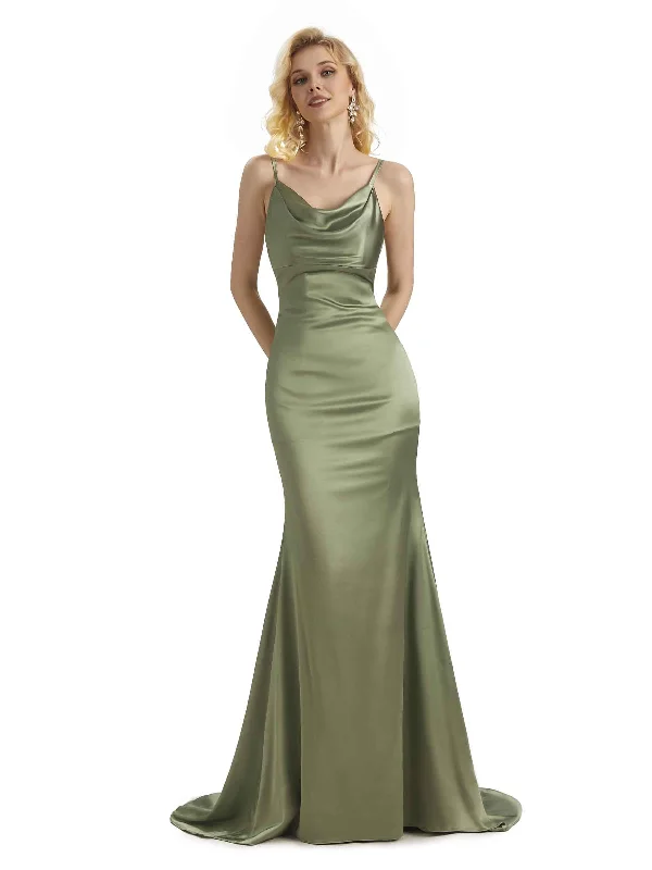 Classic Women's Clothing Styles Big Savings on Rustic Countryside Styles Elegant Soft Satin Cowl Neck Criss Cross Long Mermaid Bridesmaid Dresses Online