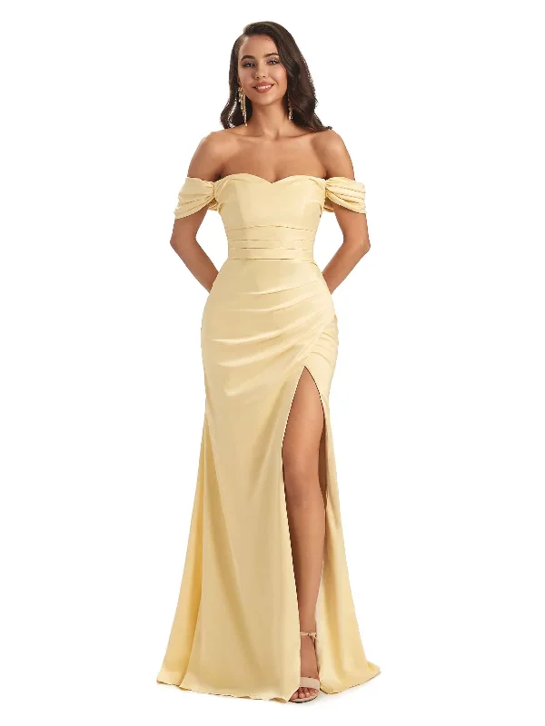 Affordable Trendy Clothes For Women Dreamy Draping Sexy Off-shoulder Sweetheart Soft Satin Side Slit Mermaid Long Bridesmaid Dresses