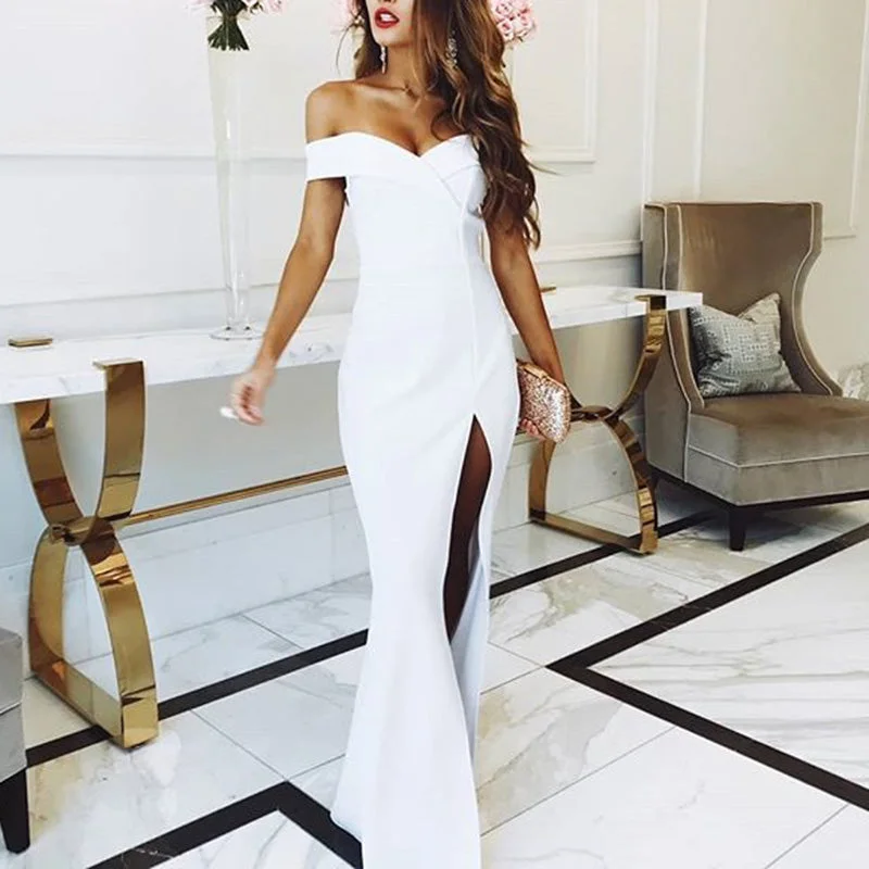 Tailored Clothing For Women Final Clearance Sexy White Prom Dress Satin Fitted Gown Split Long Party Gown 2018 Evening gown vestidos de graduacion