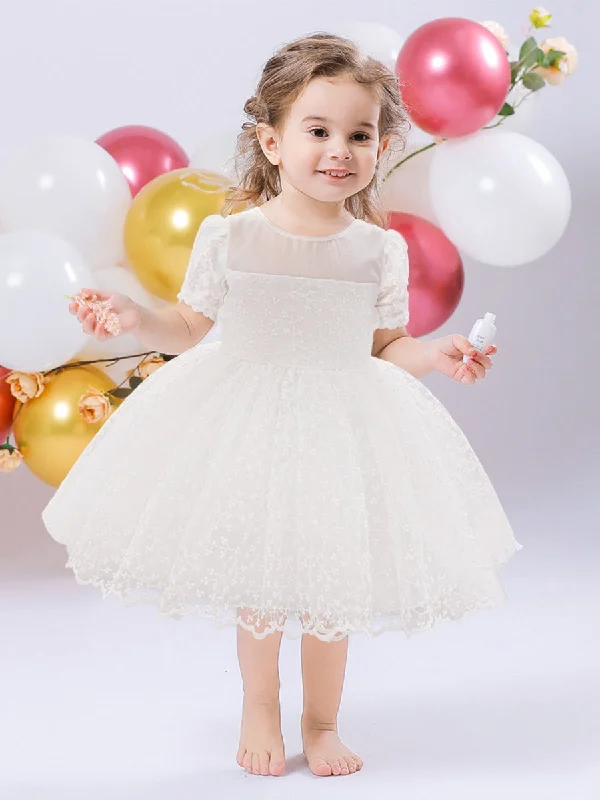 Women's Everyday Garments Subtle Sophistication Ball Gown Scoop Puff Sleeves Flower Girl Dresses with Lace