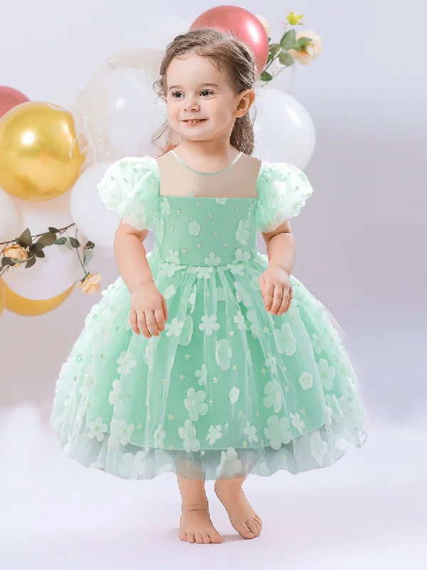 Women's Wedding Apparel Casual Weekend Relaxed Style Ball Gown Scoop Puff Sleeves Flower Girl Dresses with Solid Flowers