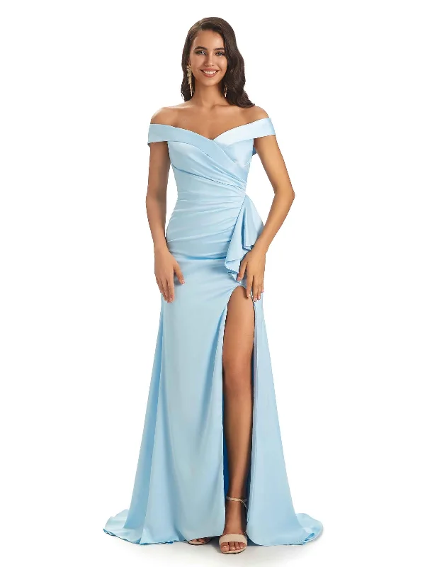 Women's Clothing For Casual Outings Score Big on Glamorous Red - Carpet Styles Sexy Soft Satin Side Slit Off The Shoulder Maxi Long Mermaid Bridesmaid Dresses