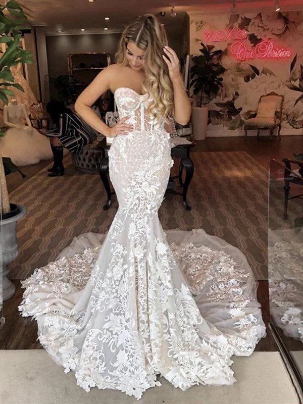 Sustainable Fashion Clothing For Women Luxe Layering Sweetheart Strapless Lace Wedding Dresses, Elegant Mermaid Lace Bridal Gowns