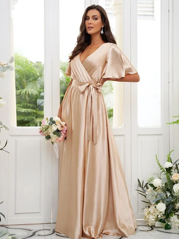 Women's Outdoor Activity Garments Final Clearance A-Line/Princess Silk like Satin Sash/Ribbon/Belt V-neck Short Sleeves Floor-Length Bridesmaid Dresses