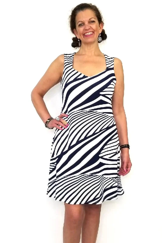 Timeless Women's Clothes Feminine Grace Navy Ivory Printed Sleeveless Dress