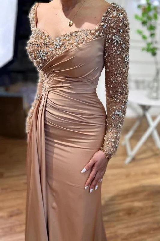 Women's Travel Attire Romantic Date - Night Ensemble Beautiful Long Mermaid Beading Prom Dress With Long Sleeves Y6604