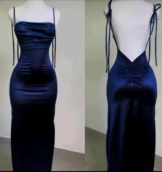 Timeless Women's Garments Feminine Grace Modest Sheath Spaghetti Straps Navy Blue Satin Prom Dresses Evening Dress C2841