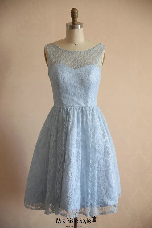 Women's Clothes And Garments Casual Elegance Knee length Vintage Light Blue Lace Bridesmaid Dress