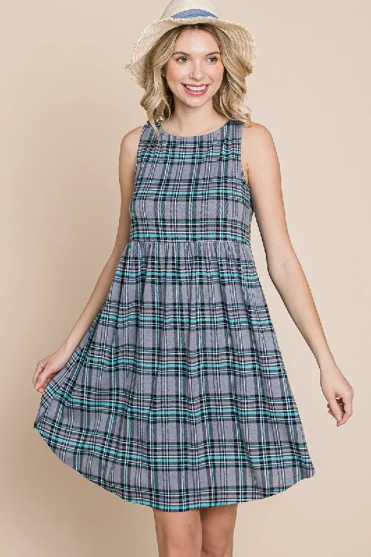 Comfortable Garments For Women Lighten Up with Nordic Styles Gray Blue Plaid Sleeveless Tank Dress