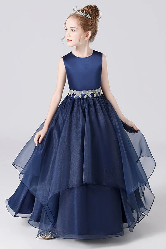 Women's High-Fashion Outfit Sophisticated Cut Navy Blue Stain Sleeveless Floor Length Flower Girl Dress