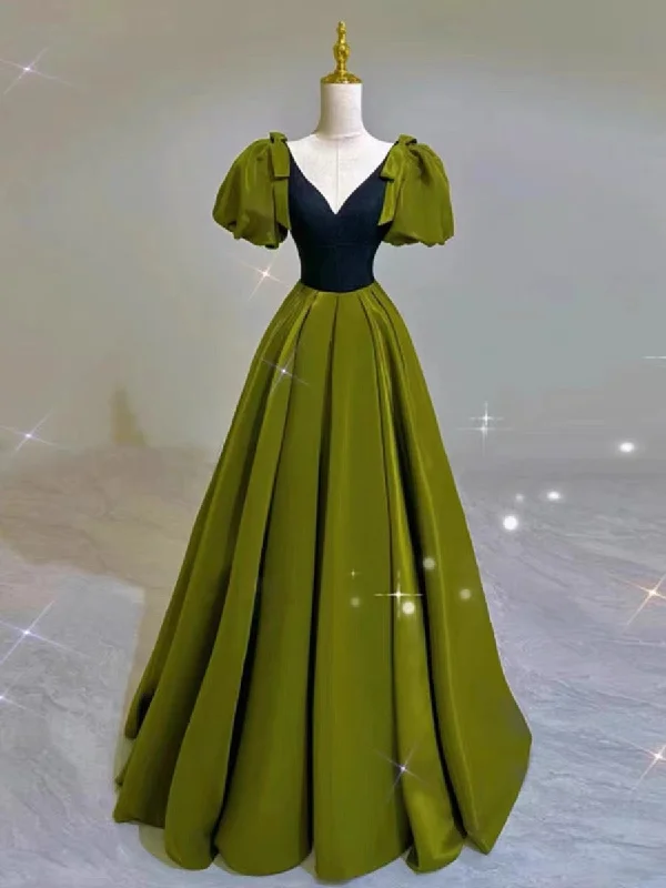 Women's Elegant Formal Outfit Classic Charm Elegant Ball Gown V Neckline Olive Green Satin Long Prom Dress Evening Dresses C3250