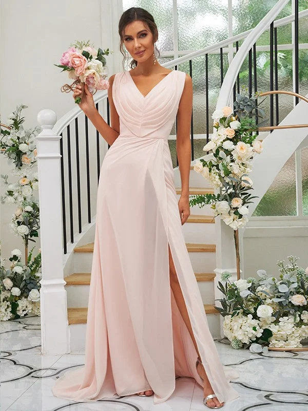 Women's Transitional Garments Y2K Nostalgic Fashion Look A-Line/Princess Chiffon Ruched V-neck Sleeveless Sweep/Brush Train Bridesmaid Dresses