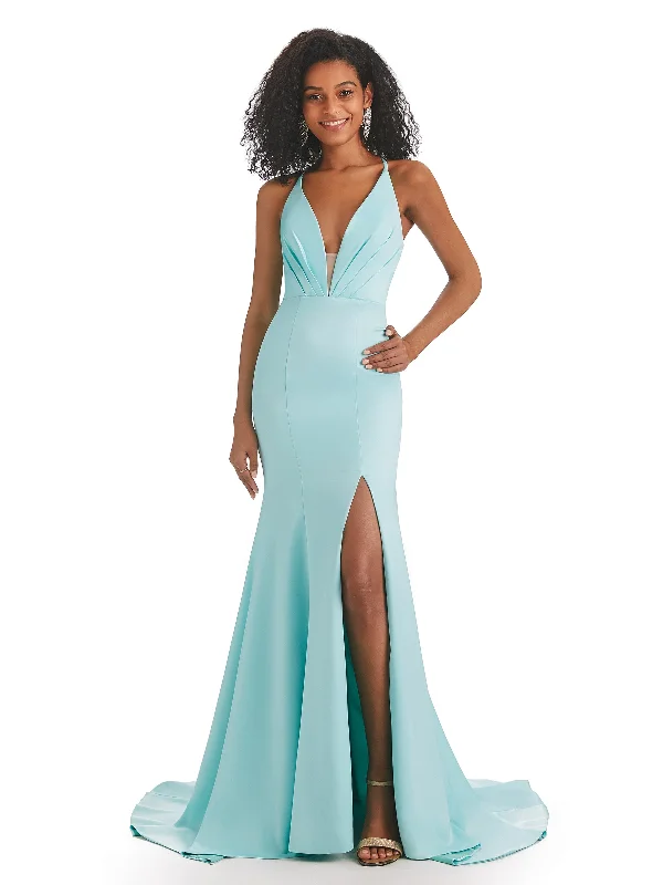 Stylish Women's Clothing Art Deco Geometric Pattern Look Sexy V-neck Mermaid Side Slit Backless Soft Satin Long African Bridesmaid Dresses