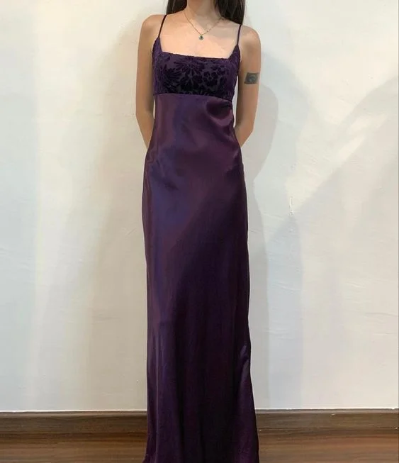 Women's Casual Apparel Vintage Retro Party Wear Elegant A line Spaghetti Straps Grape Long Satin Prom Dresses Evening Gowns C3024