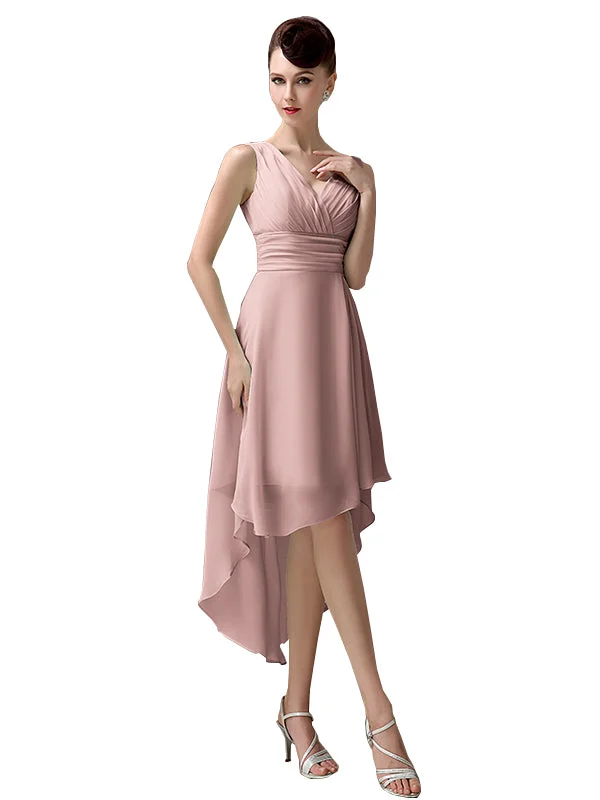 Women's Evening Wear Outfit Elegant Contour A-line Chiffon V-Neck High-Low Short Beach Bridesmaid Dresses