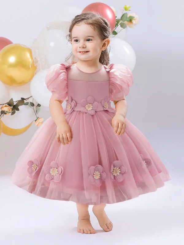 Women's Elegant Garments Great Prices on Feminine Styles Ball Gown Scoop Puff Sleeves Flower Girl Dresses with Solid Flowers