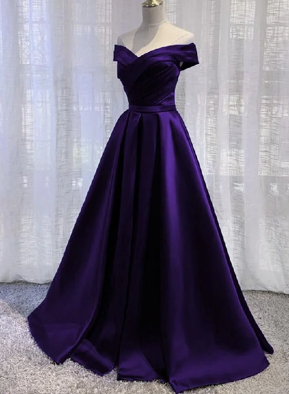 Women's Travel Attire Limited - Stock Simple Off Shoulder Satin Long Prom Dress, Dark Purple Party Dress Evening Gown   cg15750