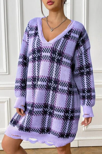 Women's Night-Out Clothes Buy More, Save More Plaid V-Neck Long Sleeve Sweater Dress