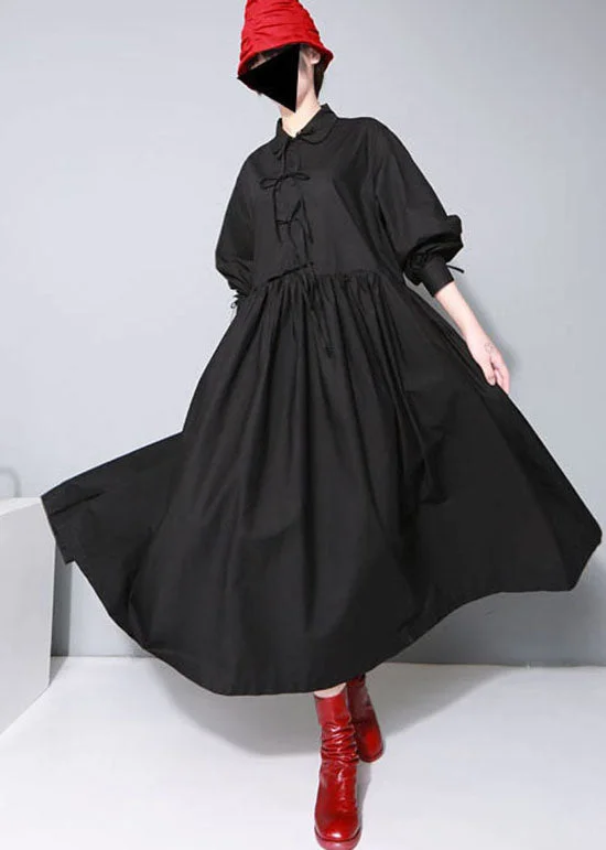 Stylish Women's Outfit Modern Romance Bohemian Black Cinched Bow Peter Pan Collar shirt Dresses Spring